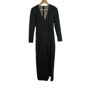 Mango Jumpsuit Wide Leg Pinstripe V-Neck Long Sleeve Stretch Suiting Fitted